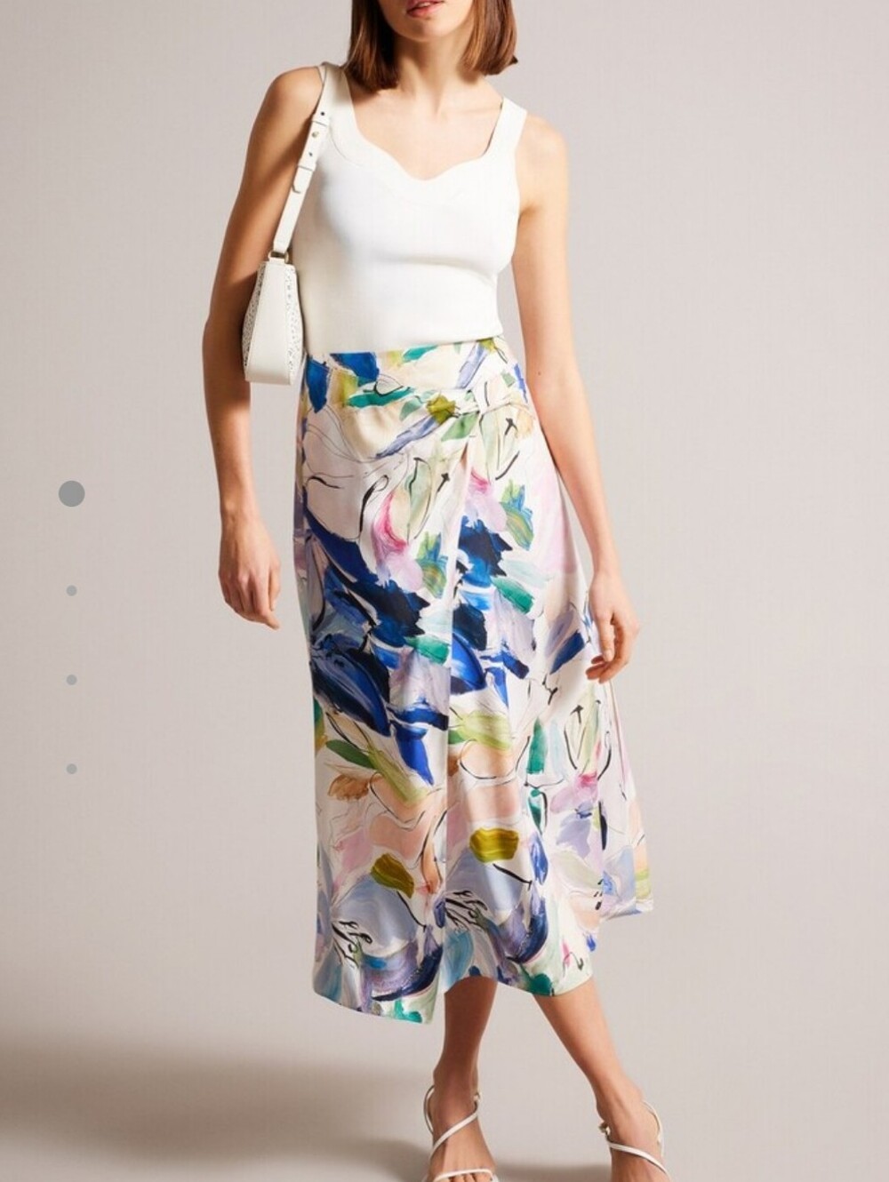 Ted Baker White Floral Asymmeyric Twisted Slip Skirt Brushstroke Midi Skirt